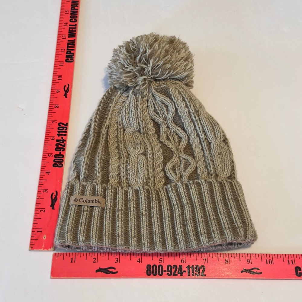 Columbia Women's Cable Knit Beanie Hat Tan Beige Pom Fleece Lined OS - Picture 4 of 5